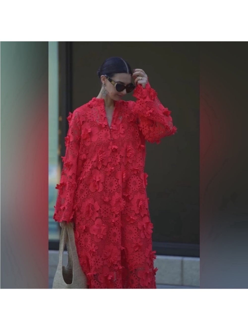 Red 3D Floral Midi Dress with Lace Overlay - Picture 4 of 9